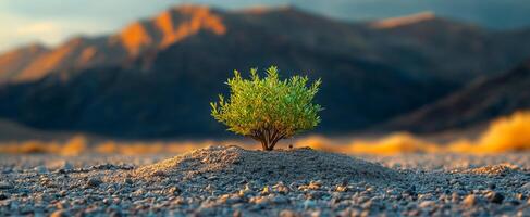 A small tree is growing in the desert. Concept of resilience and hope, as the tree is able to survive in such a harsh environment photo