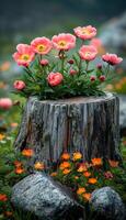 A flower arrangement is placed on a log in a field. The flowers are pink and yellow, and the arrangement is surrounded by rocks. Concept of natural beauty and tranquility, as the flowers photo