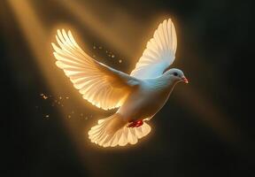 A white dove is flying in the air with its wings spread wide. The image has a peaceful and serene mood, as the dove is a symbol of peace and freedom photo