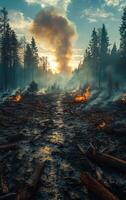 A forest fire is burning in the woods. The sky is cloudy and the sun is setting. The fire is creating a lot of smoke and the trees are on fire photo
