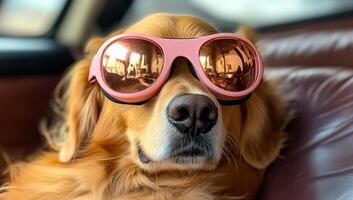 A dog wearing sunglasses and resting on a couch. The sunglasses are pink and the dog is smiling photo