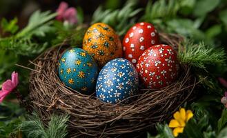 A nest of eggs with different colors and designs. The eggs are arranged in a row and are surrounded by green leaves and flowers. Concept of warmth and comfort photo