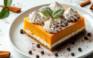 A slice of orange and white cake with whipped cream and cinnamon on top. The cake is served on a white plate with a sprinkle of cinnamon on the plate photo