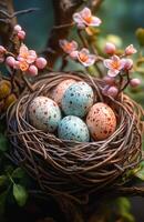 A nest of four eggs with a pink and white flower in the background. The nest is made of twigs and is placed on a branch. Concept of warmth and comfort, as the nest is a safe photo