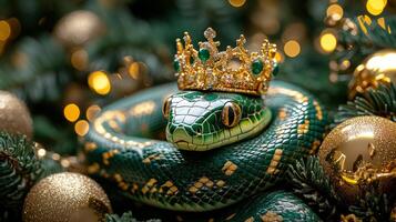 A green snake wearing a gold crown. The snake is surrounded by gold ornaments. The image has a regal and majestic feel to it photo