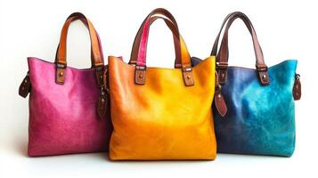 Three colorful purses are displayed on a white background. The purses are of different colors and sizes, and they are arranged in a row. Concept of variety and style photo