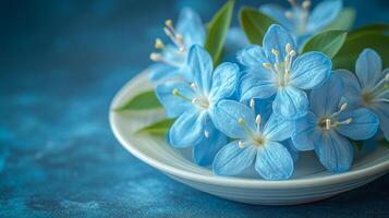 A white plate with blue flowers on it. The flowers are in a vase and are arranged in a way that they look like they are floating. The blue color of the flowers gives a sense of calmness and serenity photo