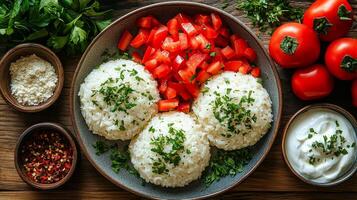 A plate of rice with three small balls of rice and a bowl of white sauce. The rice is topped with parsley and tomatoes photo