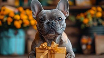A grey dog is holding a gold wrapped box in its mouth. The dog is standing in front of a bunch of flowers photo