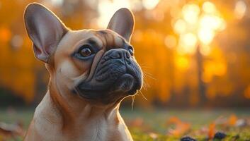A brown dog with floppy ears is looking at the camera. The dog is in a grassy area with leaves on the ground photo