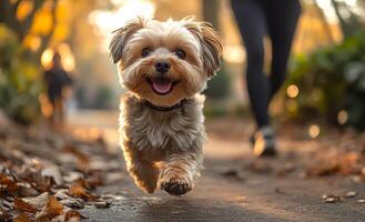 A small dog is running on a path with leaves on the ground. The dog is happy and he is enjoying itself photo