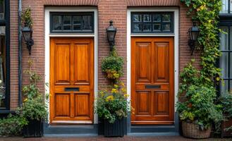 Two wooden doors with a brick building in the background. The doors are open and there are potted plants in front of them photo