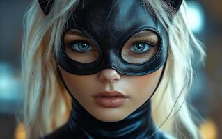 Captivating portrait of a masked figure. A young woman with striking blue eyes poses in a black cat mask and outfit, exuding mystery and confidence. photo