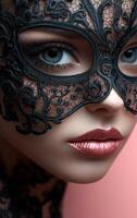Lace mask vs. smooth skin. A close-up view of a person wearing an ornate black lace mask, highlighting striking features and captivating eyes. photo