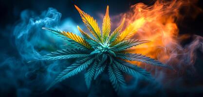 Vibrant cannabis in smoke. A vibrant cannabis plant is illuminated by colorful smoke, creating a striking visual contrast and atmosphere. photo
