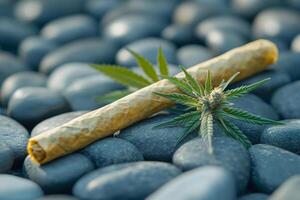 Cannabis joint resting on smooth stones. A cannabis joint sits gracefully on a bed of smooth gray stones alongside green leaves, creating a tranquil atmosphere. photo