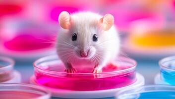 Mouse exploring colorful dishes. A small white mouse curiously explores colorful petri dishes, creating a lively atmosphere. photo