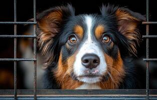 Curious dog peers through a kennel gate. A black and brown dog looks intently through the bars of a kennel, displaying a curious and hopeful expression. photo