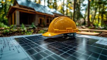 Construction site with helmet. A yellow hard hat sits on blueprints with a house being built in the tree-lined background. photo