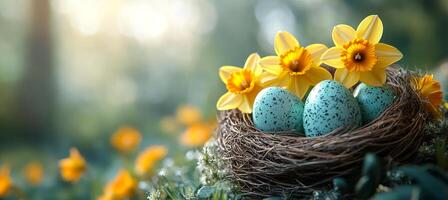 Spring nest with flowers and eggs. A decorative nest holds speckled blue eggs and bright yellow daffodils in a vibrant spring setting. photo