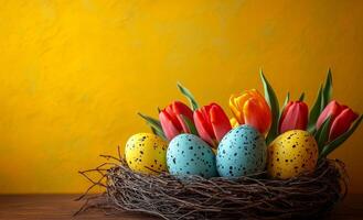 Spring fest with eggs and blooms. A decorated nest holds colorful eggs and vibrant tulips against a bright yellow background, signaling springtime joy. photo