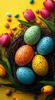 Colorful Easter eggs in a vibrant nest. Brightly colored Easter eggs rest in a nest surrounded by flowers on a cheerful yellow background. photo