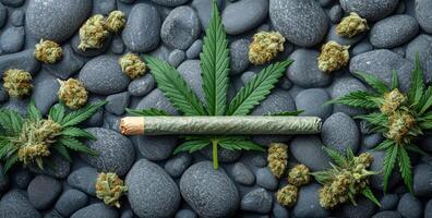 Chill vibes in cannabis culture. A detailed arrangement featuring a rolled joint centered on stones, surrounded by cannabis buds and leaves. photo