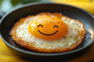 Smiling fried egg on a skillet. A cheerful fried egg with a smiley face is sizzling on a black skillet with a vibrant yellow background. photo