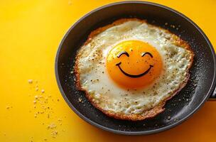 Bright and cheerful sunny side up egg. A sunny side up egg with a smiling face sits in a black frying pan against a vibrant yellow background. photo