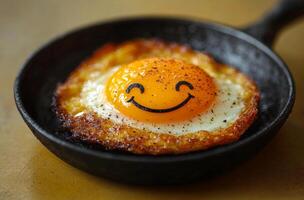 Sunny side up egg with a smiley face. A cheerful fried egg with a smiley face sits in a black skillet, making breakfast delightful and fun. photo