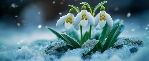 campanillas floración en medio de invierno nieve. delicado campanillas surgir desde el cubierto de nieve suelo, señalización el llegada de primavera A pesar de el invierno enfriar. foto
