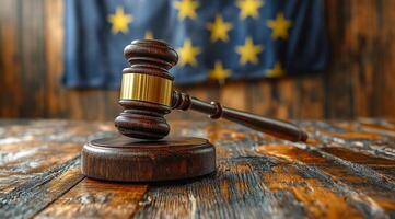 Gavel on table with flag. A gavel is placed on a wooden table with an Alaska state flag in the background, symbolizing justice and law. photo