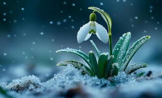 Snowdrop blooms through snow. A delicate snowdrop flower stands resiliently amidst melting snowflakes, signaling the arrival of spring. photo
