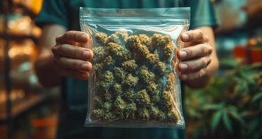 Clear bag of cannabis buds. A person stands in a shop, displaying a sealed bag filled with cannabis flowers, surrounded by greenery. photo