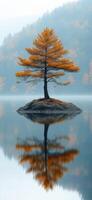 Autumn tree reflecting in still water. A lone tree with vibrant orange foliage stands on a small island, perfectly mirrored in calm water during autumn. photo