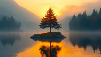 Tranquil lake at sunset. A solitary tree stands on an island as the sun sets, reflecting warm colors on the calm water around it. photo