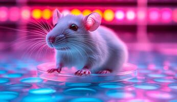 White rat under colorful lights in a lab. A small white rat explores a circular platform surrounded by vibrant, colorful lights in a laboratory setting. photo