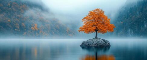 Vibrant autumn tree in calm lake waters. An orange tree stands alone on a rock in a tranquil lake surrounded by foggy mountains during autumn. photo