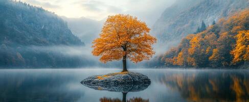 Autumn tree on a quiet lake island. A lone orange tree stands on a small island surrounded by foggy waters and mountain scenery in autumn. photo