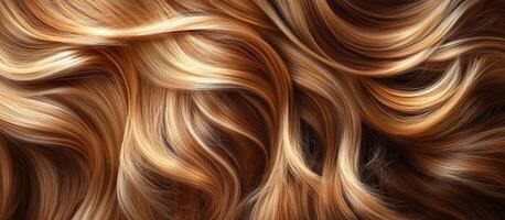 Golden wavy hair. Textured golden hair forms soft waves, showcasing a rich blend of colors under natural light. photo