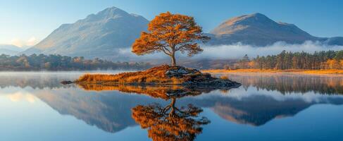 Beautiful autumn landscape with a tree. A solitary tree stands on an island surrounded by calm water, reflecting autumn colors and mountains in the background. photo