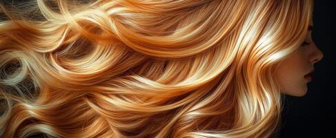 Golden waves catch the light. A profile view of flowing golden hair elegantly cascading down, showcasing its vibrant waves and texture. photo