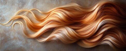 Golden blonde flowing hair. Golden blonde waves rest elegantly on a textured surface, highlighting their natural color variations. photo