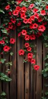 Spring flowers on a fence. Bright red flowers cascade down a rustic wooden fence surrounded by lush green leaves in a vibrant spring setting. photo