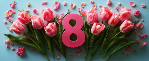 Pink flowers with a pink number 8 in the middle. The flowers are arranged in a row and the number 8 is surrounded by them photo