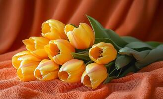 A bouquet of yellow tulips is arranged on a red cloth. The flowers are in full bloom and are the center of attention. The arrangement is simple yet elegant photo