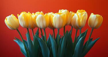 A bunch of yellow and white tulips are arranged in a vase. The flowers are in full bloom and are arranged in a way that they are all facing the same direction. The vase is placed on a red background photo