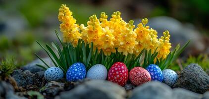 A bunch of yellow flowers with red and blue eggs in the middle. The flowers are surrounded by rocks and the eggs are scattered around them. Concept of springtime and new beginnings, as the flowers photo