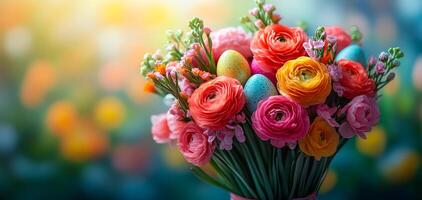 A bouquet of flowers with a bunch of eggs in the middle. The flowers are in various colors and the eggs are white. The bouquet is placed in a vase and the background is a colorful field photo