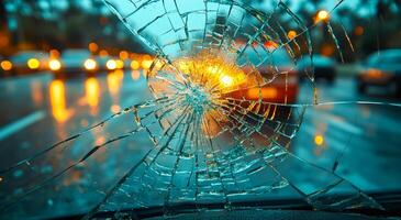 A car window is shattered, and the light from the street is reflected in the broken glass. The scene is dark and moody, with the shattered glass adding a sense of danger and unease photo